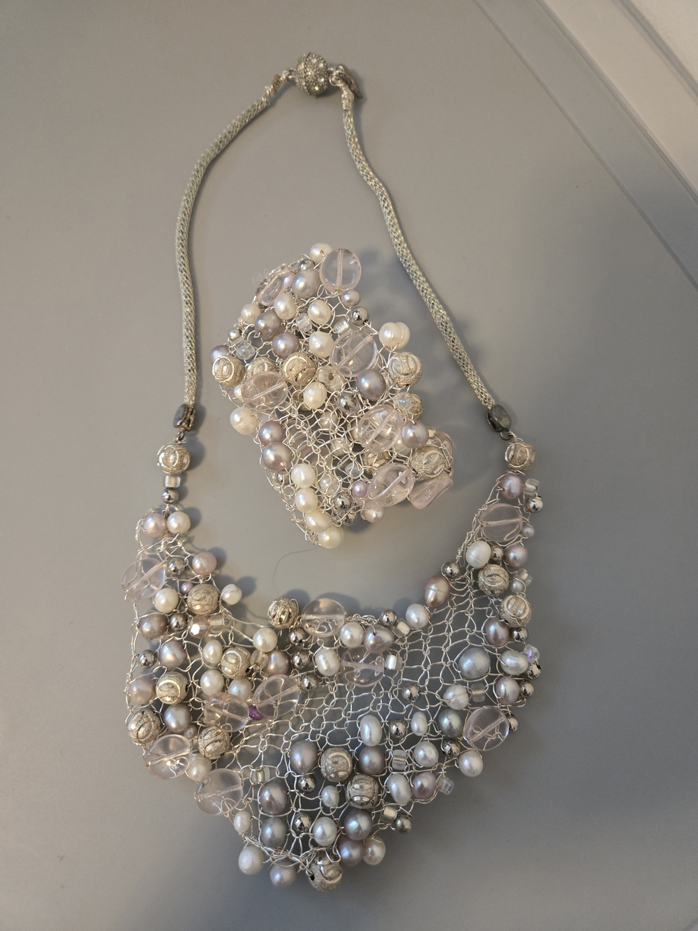Pearl & Bead Crochet Statement Necklace Set - Soft Pink, Pearl, Silver